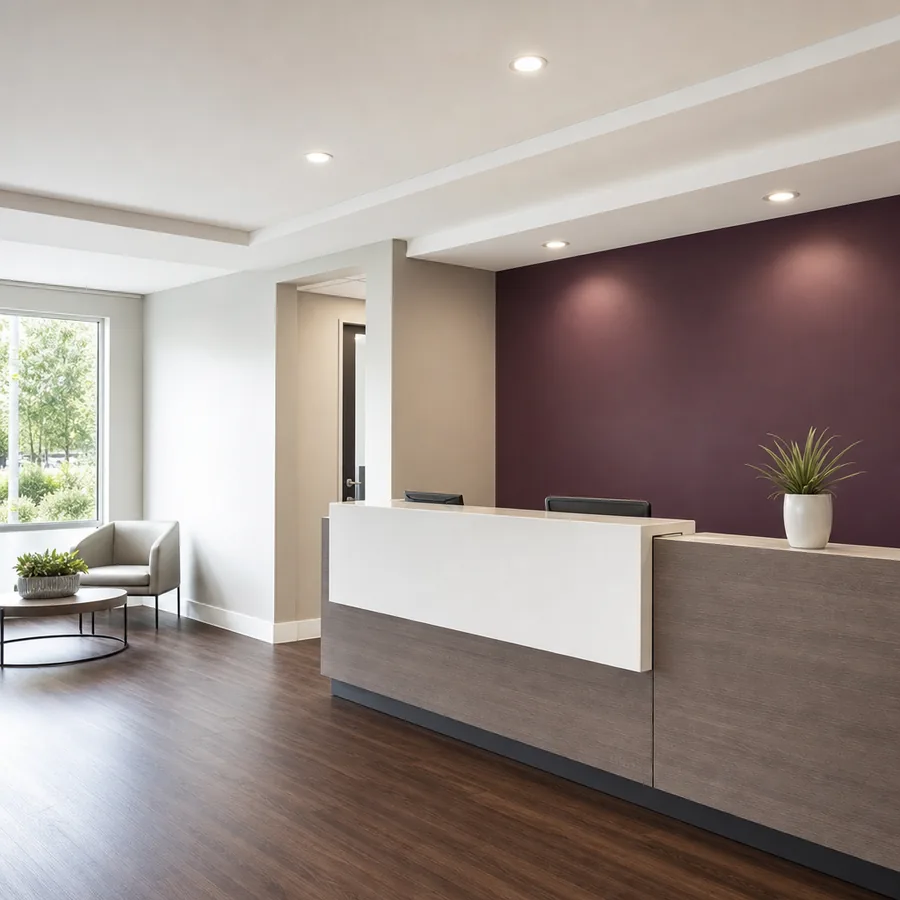 Office reception freshly painted with a deep plum accent wall