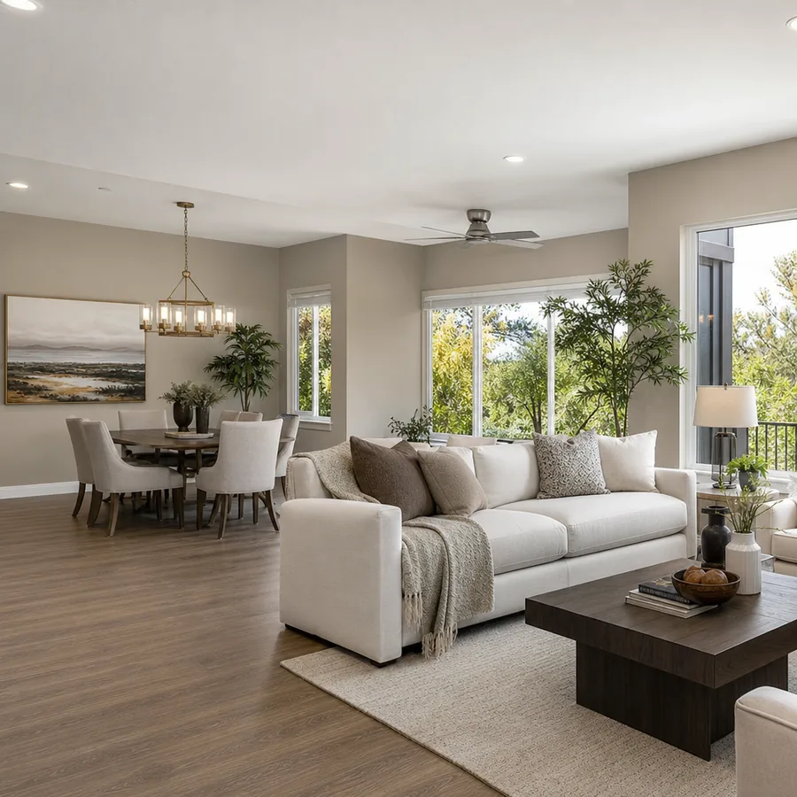 Freshly painted open-concept living room in warm greige